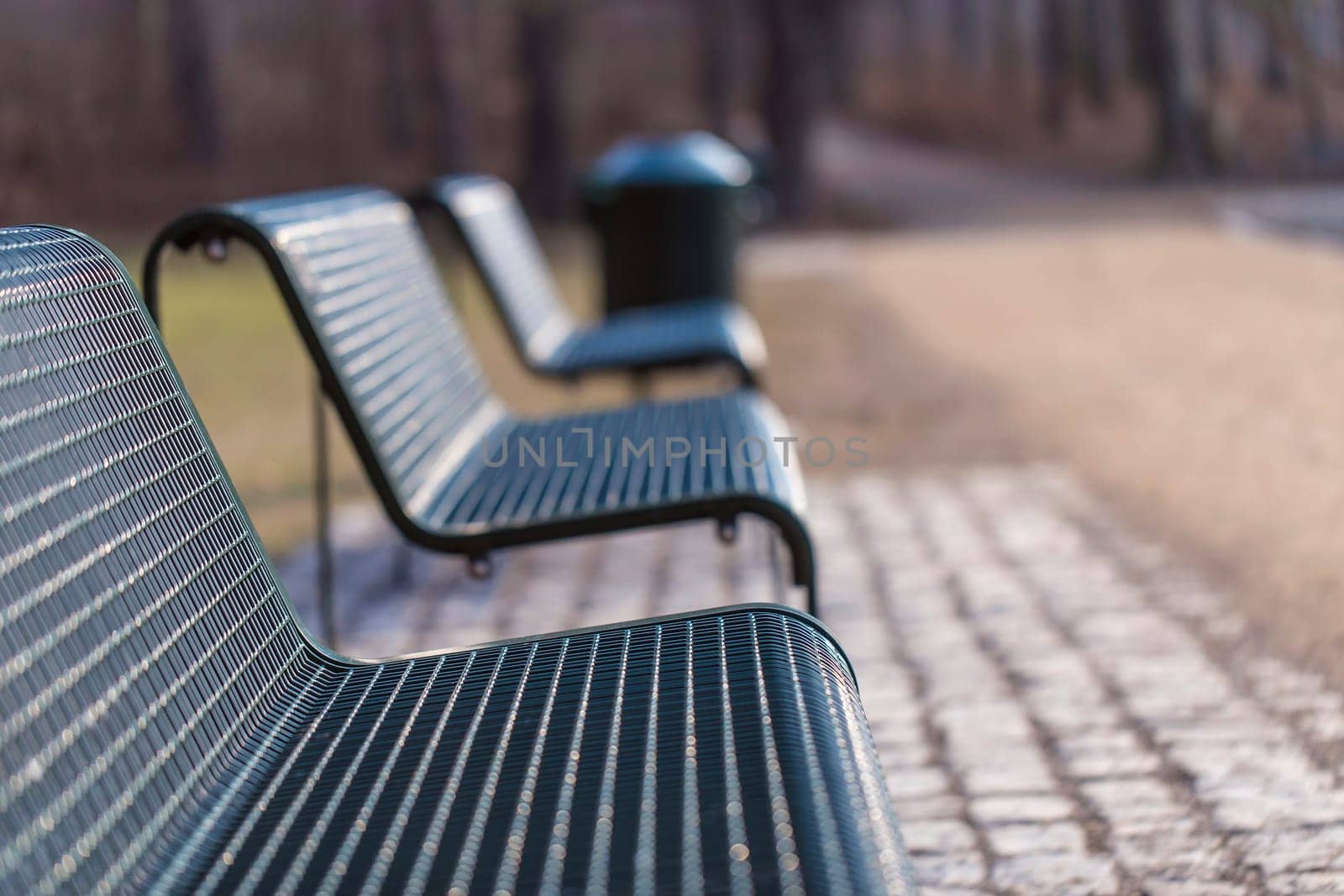 Park benches in rows