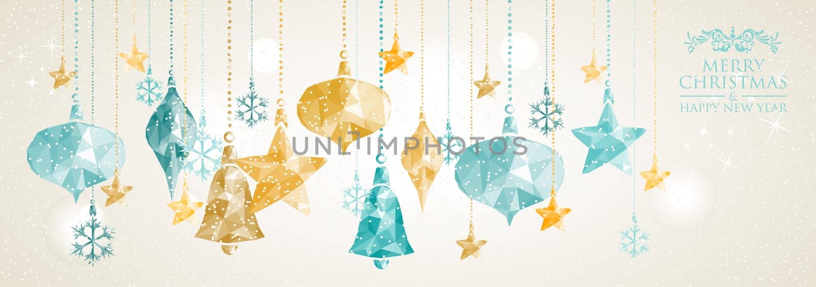 Christmas holiday greeting banner card hanging baubles triangles origami illustration. EPS10 vector file organized in layers for easy editing.