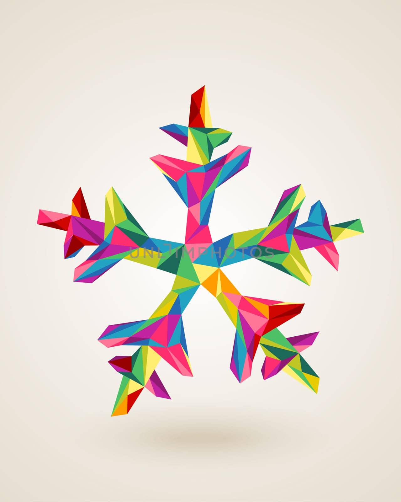 Christmas postal card snowflake rainbow colors triangles origami composition. EPS10 vector file organized in layers for easy editing.