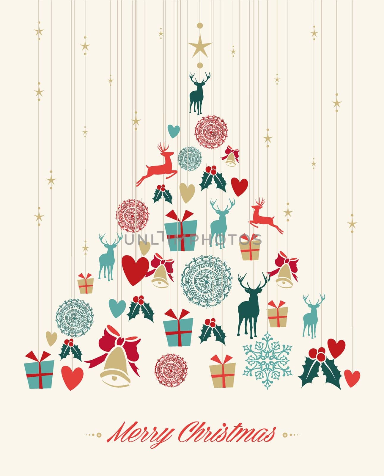 Vintage Christmas tree with hanging elements greeting card. EPS10 vector file organized in layers for easy editing.
