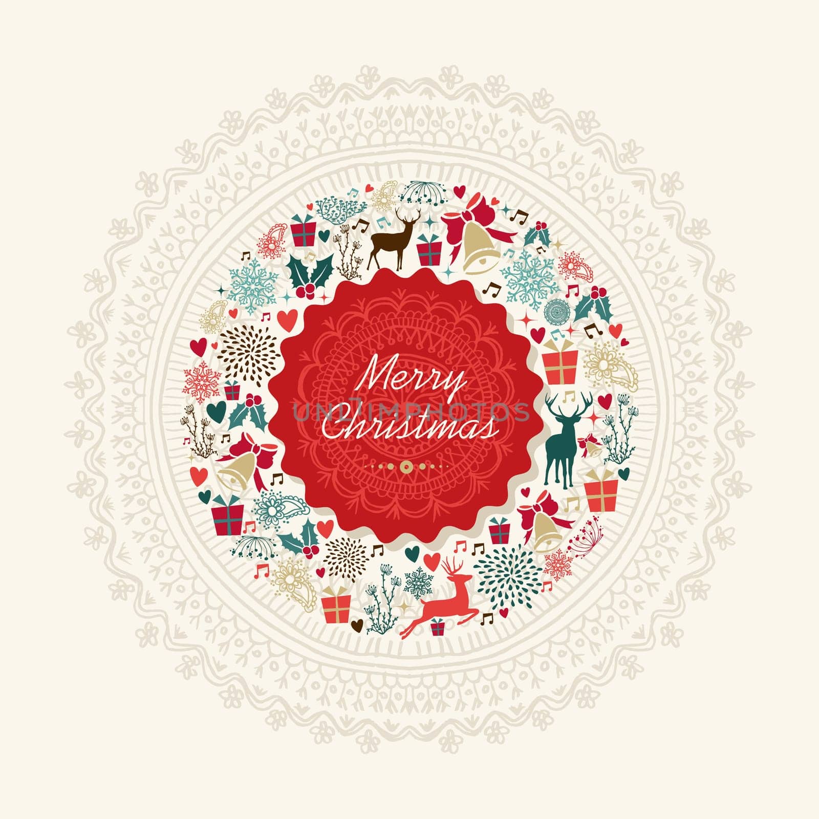 Merry Christmas holiday icons vintage circle composition. Vector file organized in layers for easy editing.