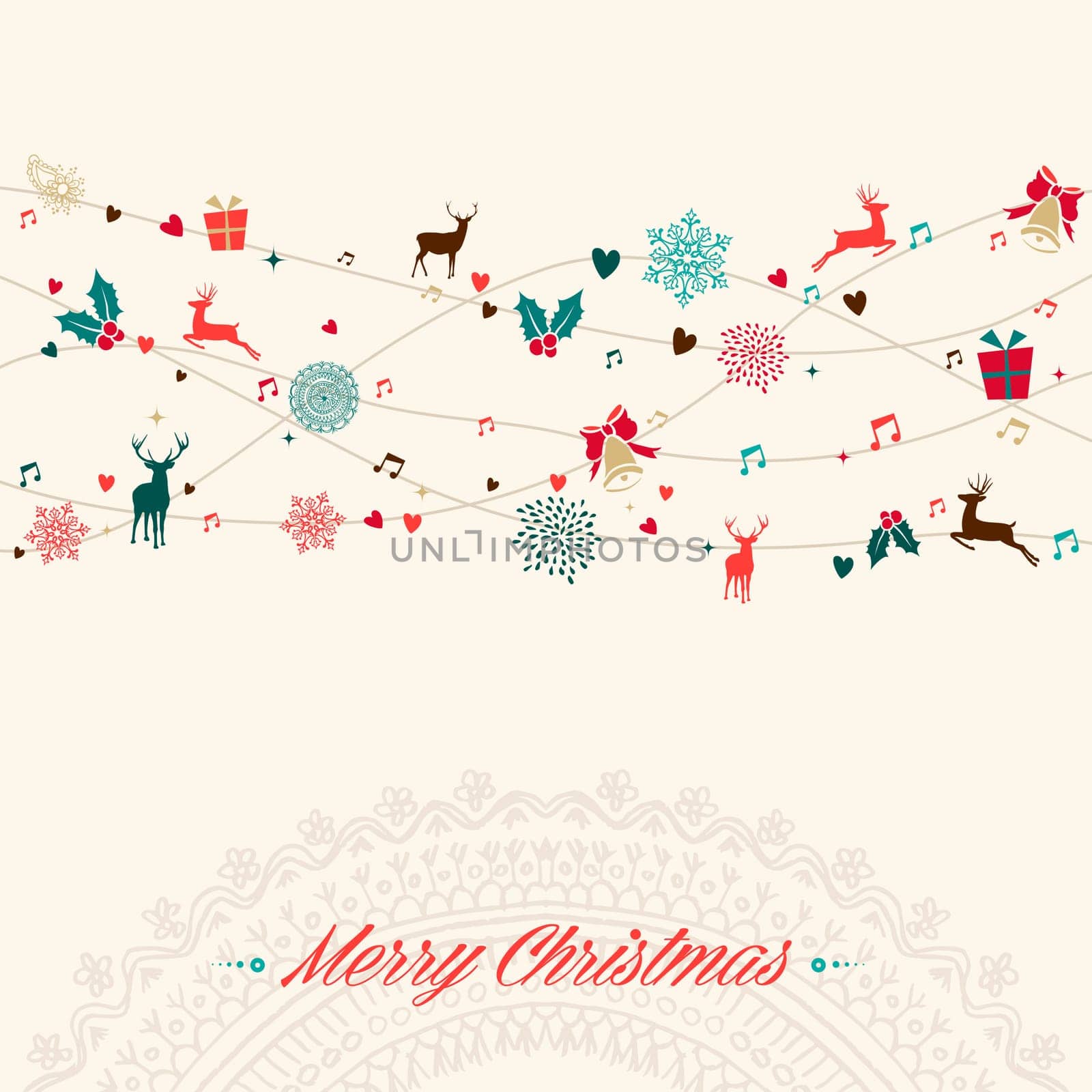 Vintage Christmas garland colors elements greeting card illustration. EPS10 vector file organized in layers for easy editing.