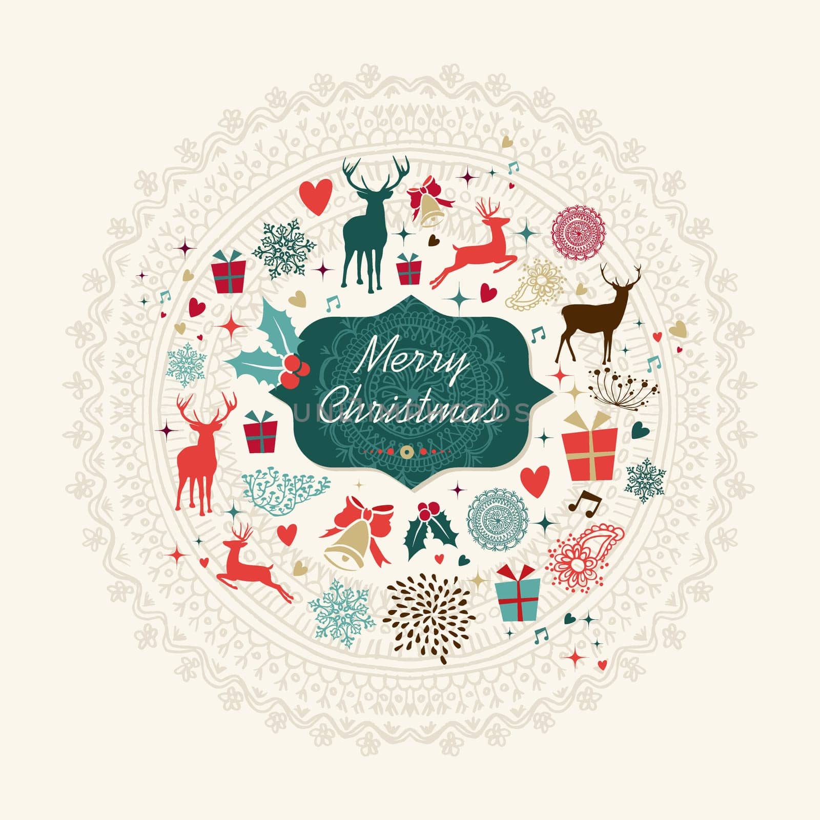 Vintage Christmas elements retro embroidery circle card background. EPS10 vector file organized in layers for easy editing.