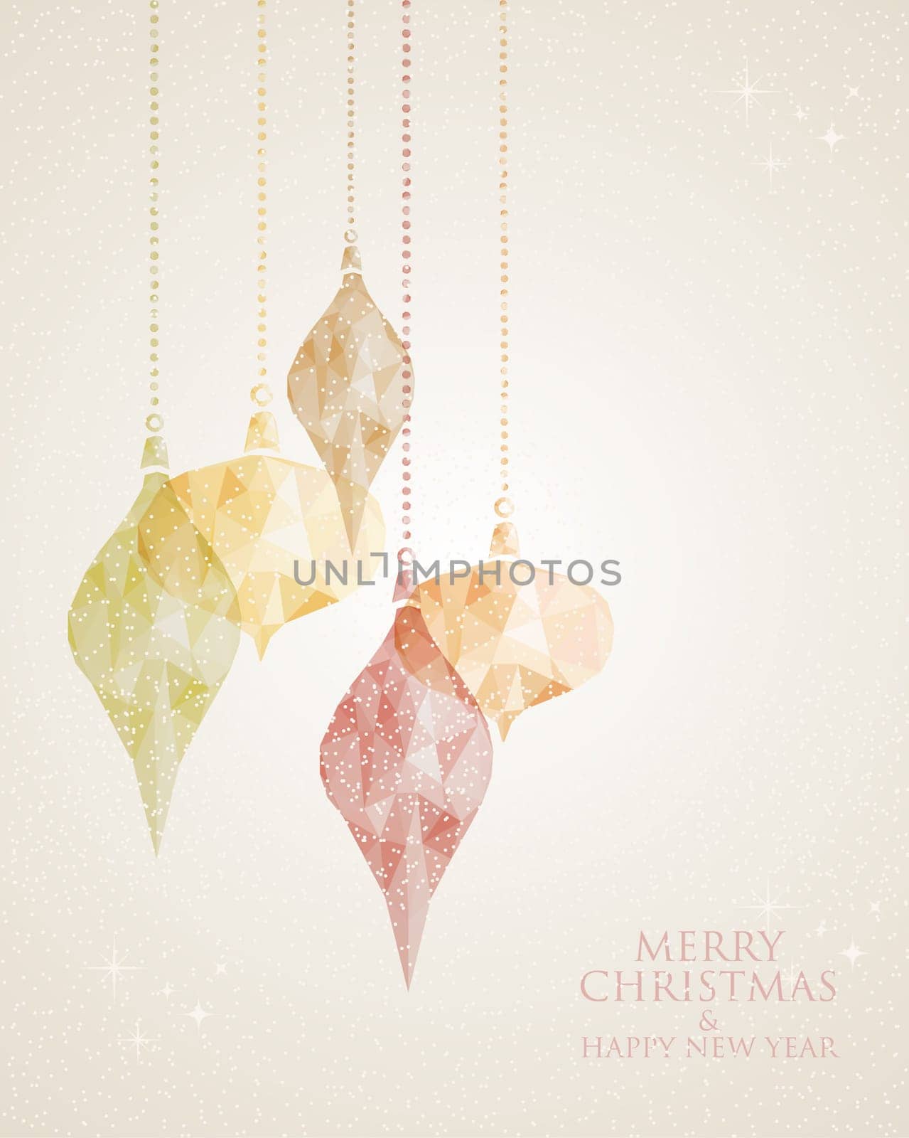 Christmas celebration hanging baubles and Happy New Year text. EPS10 vector file organized in layers for easy editing.