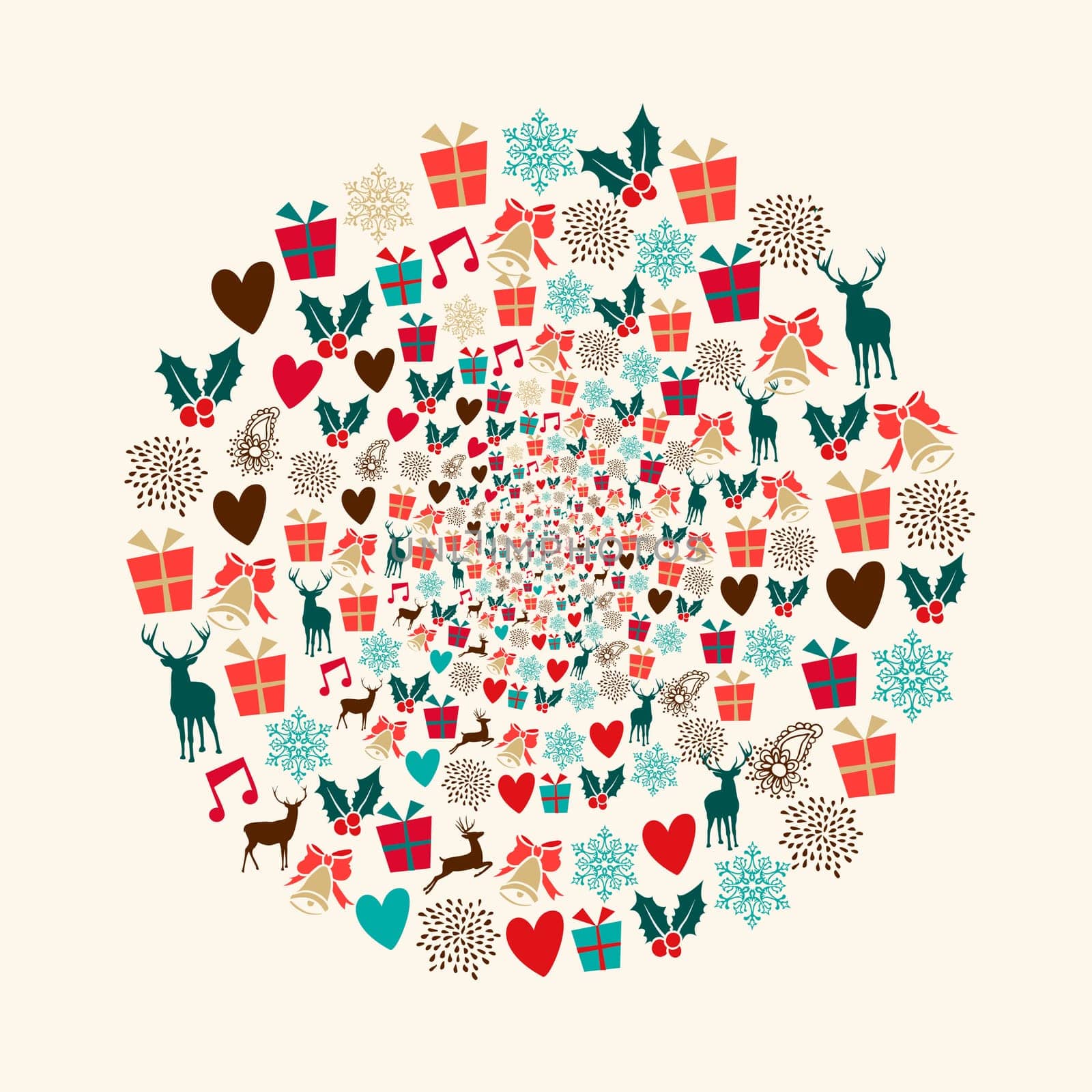 Vintage Christmas holiday colors elements circle mandala composition. EPS10 vector file organized in layers for easy editing.