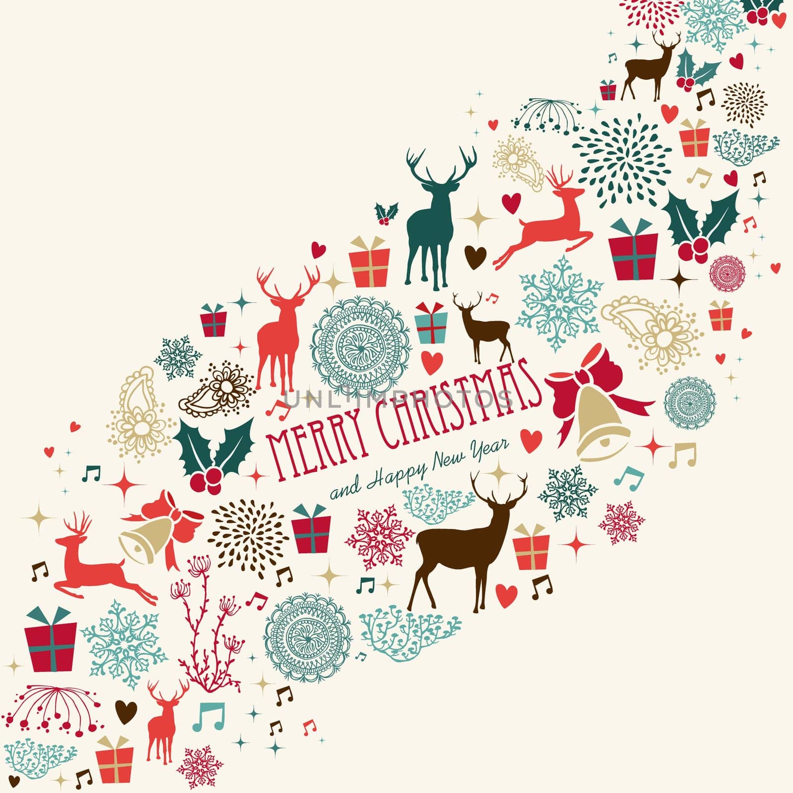 Vintage Merry Christmas symbols for post card background. EPS10 vector file organized in layers for easy editing..