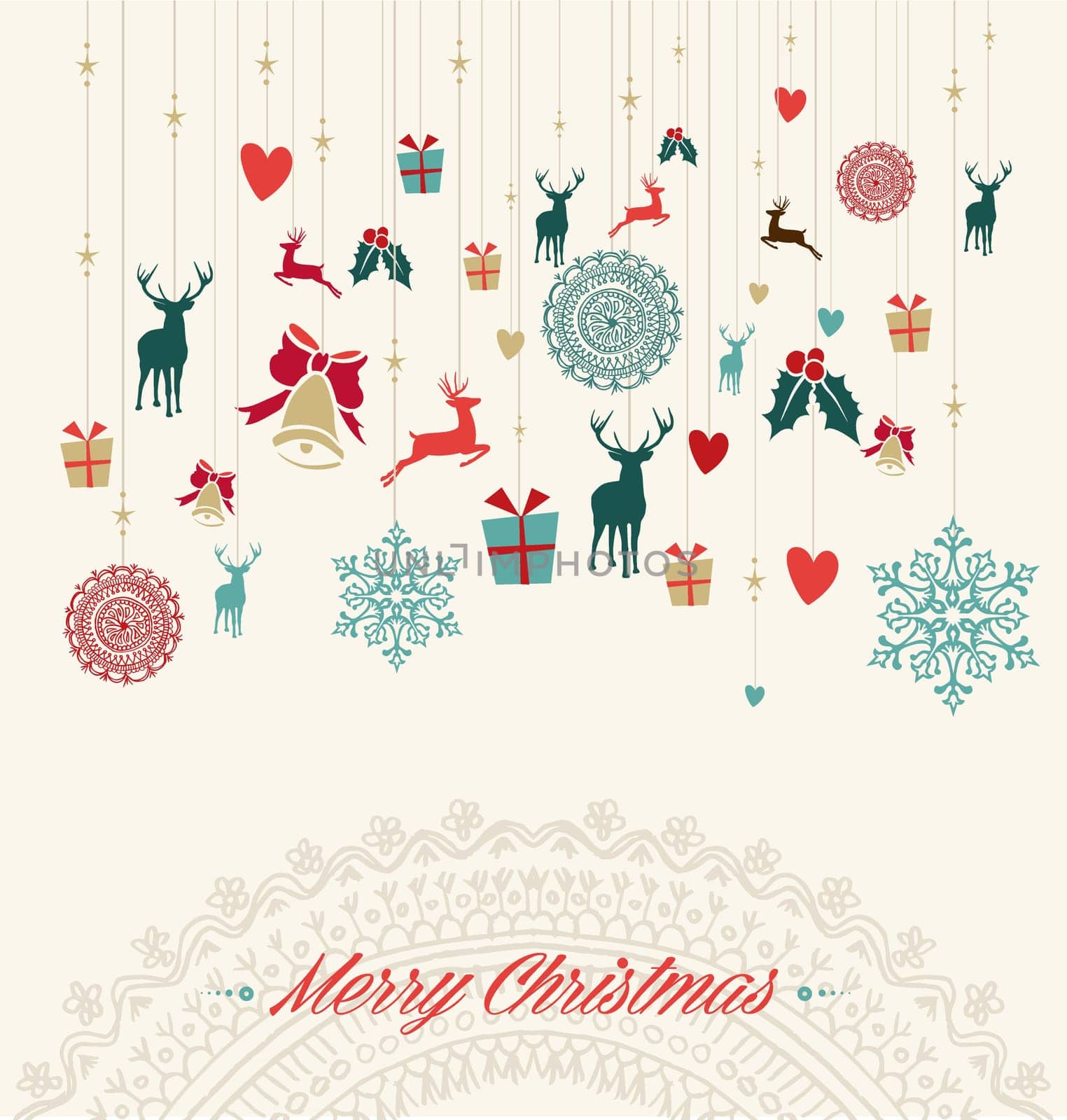 Merry Christmas holiday vintage hanging elements greeting card. Vector file organized in layers for easy editing.