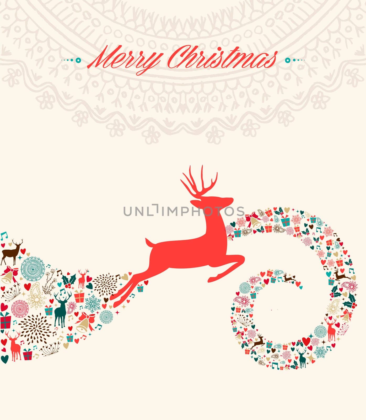 Vintage Christmas deer wave colorful elements postcard composition. EPS10 vector file organized in layers for easy editing.