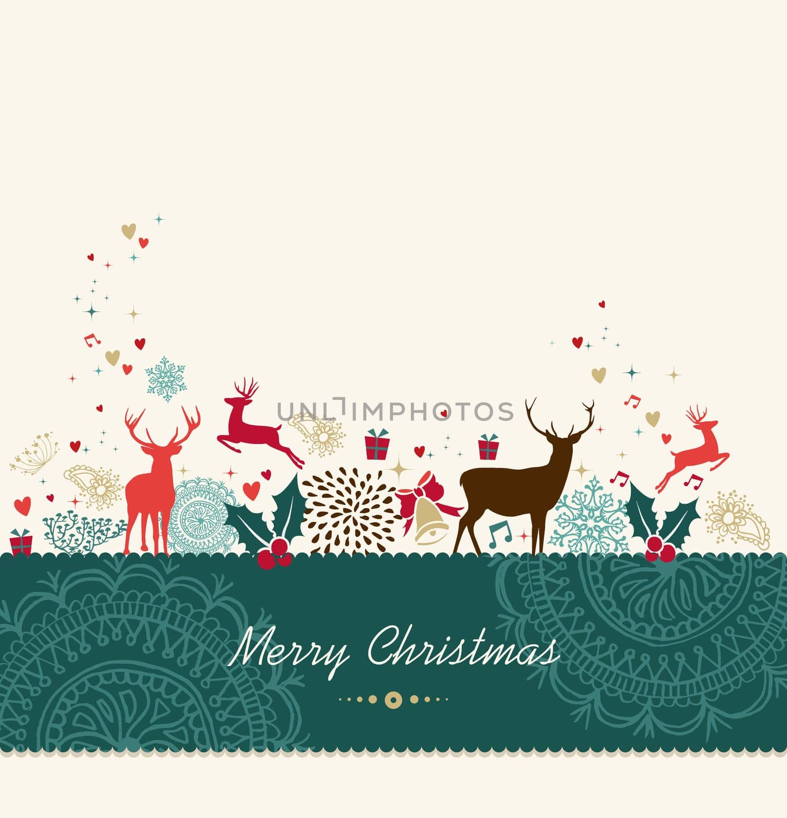 Merry Christmas card background with vintage holiday elements composition. Vector file organized in layers for easy editing.