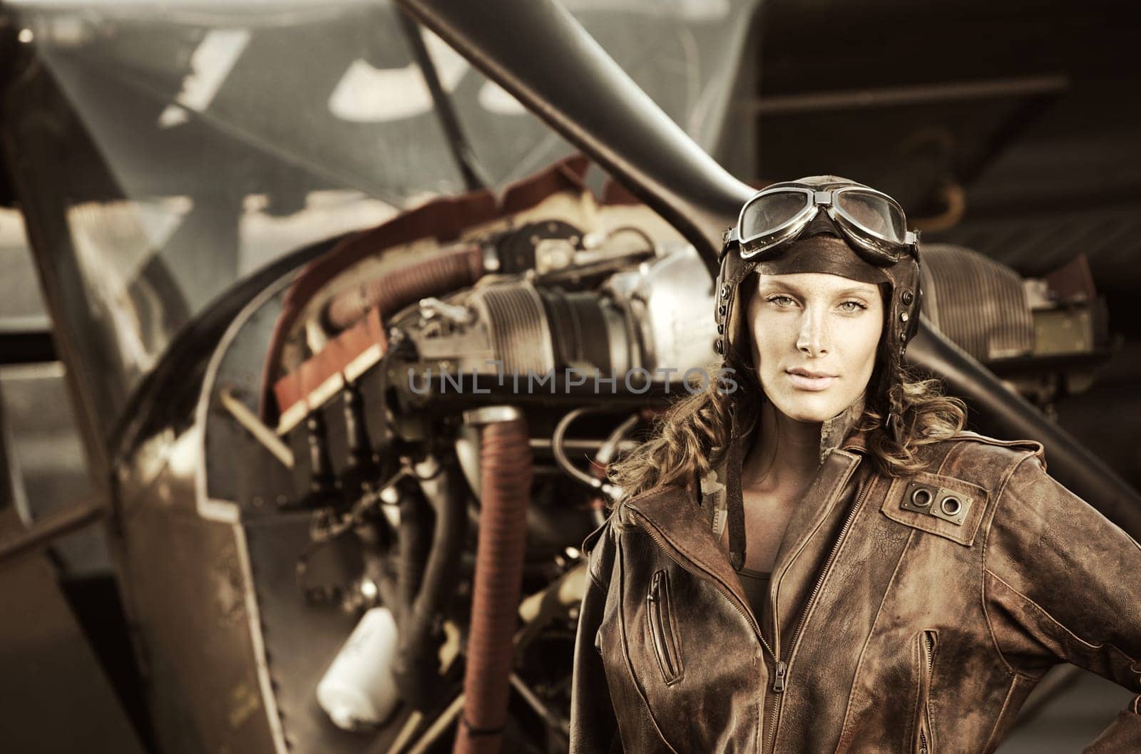 Portrait of young woman airplane pilot. Airplane on the background