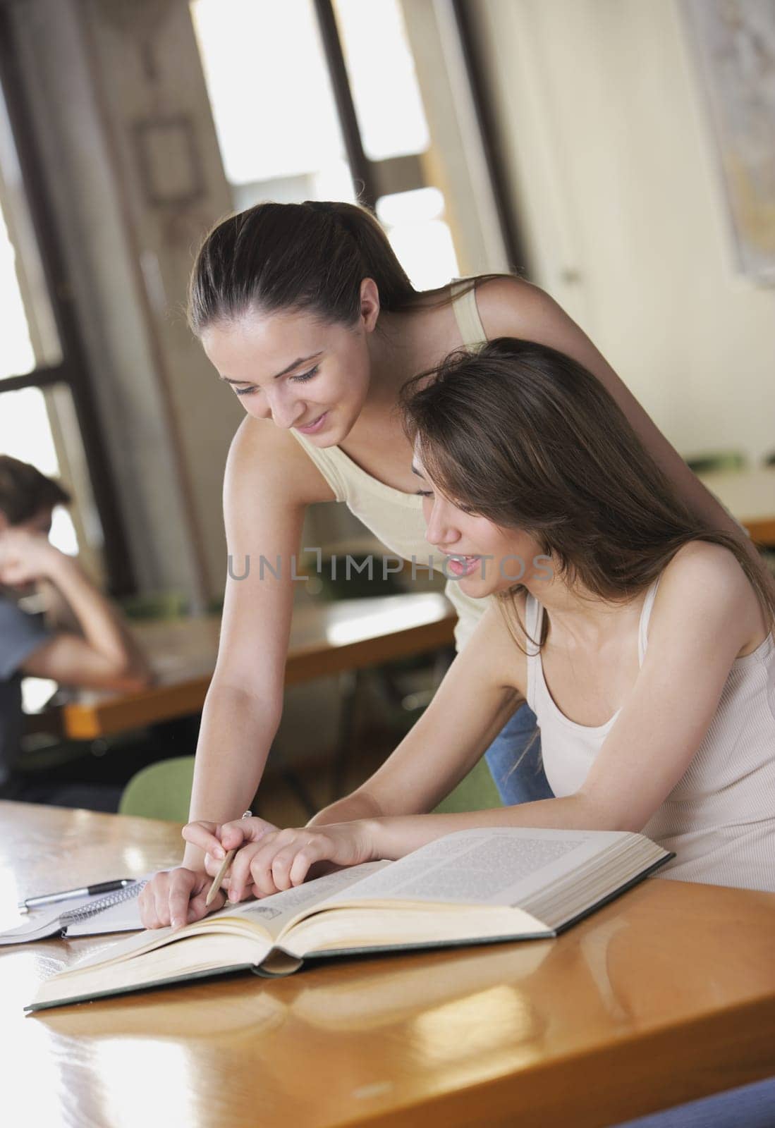 Two student is discussing something in the library