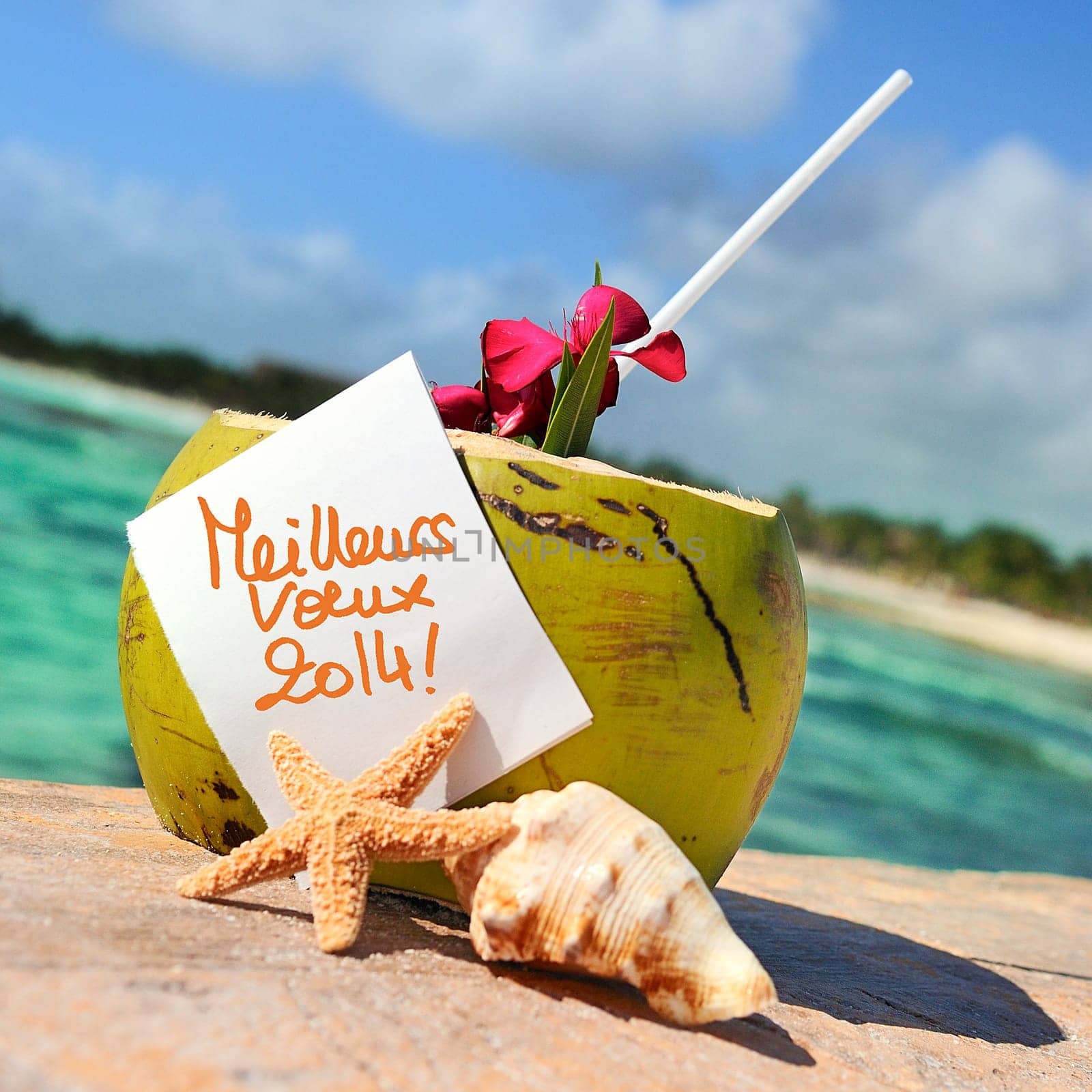 Coconut cocktail starfish tropical Caribbean beach refreshment and towel