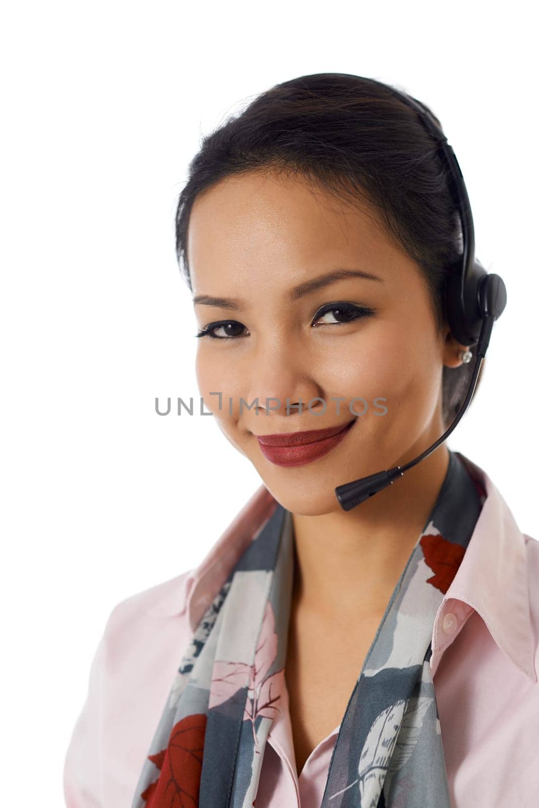 Young people, work and technology, portrait of happy Asian girl working as call center operator with headset, customer care representative, smiling at camera