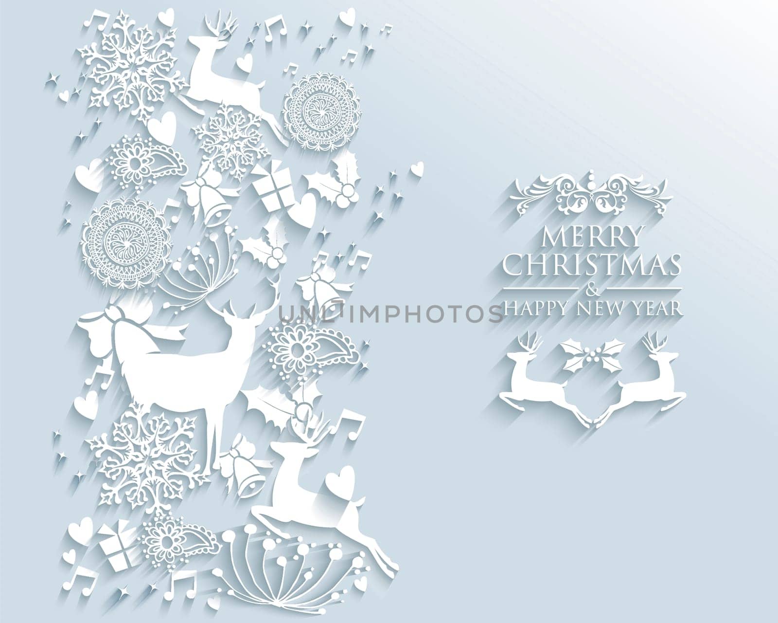 Merry Christmas and Happy new year contemporary white winter elements greeting card design. EPS10 vector illustration with transparency layers.