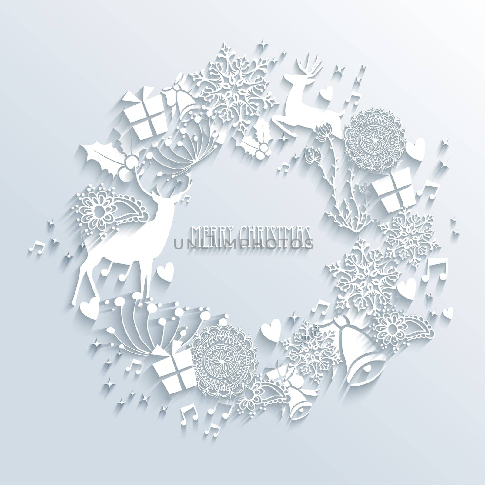 Merry Christmas contemporary wreath made with 3d season white elements. EPS10 vector illustration with transparency layers.