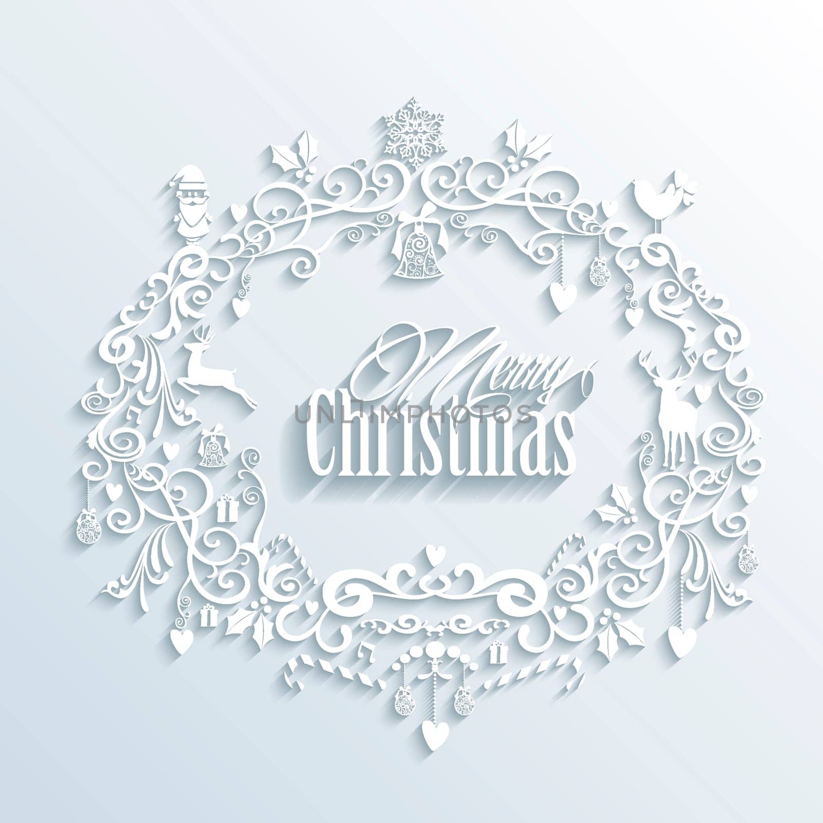 Merry Christmas and Happy new year contemporary white ornamental wreath greeting card design. EPS10 vector illustration with transparency layers.