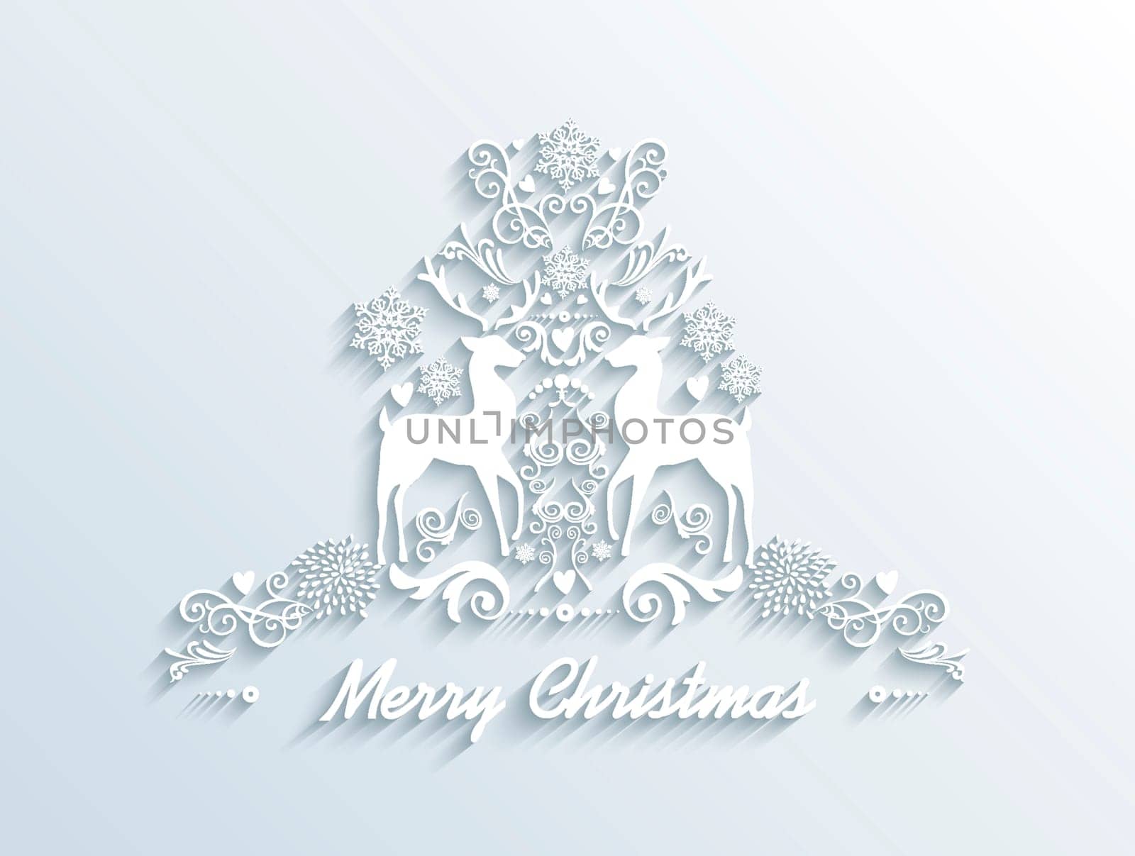 Merry Christmas contemporary reindeers with floral decorative symbols greeting card design. EPS10 vector illustration with transparency layers.