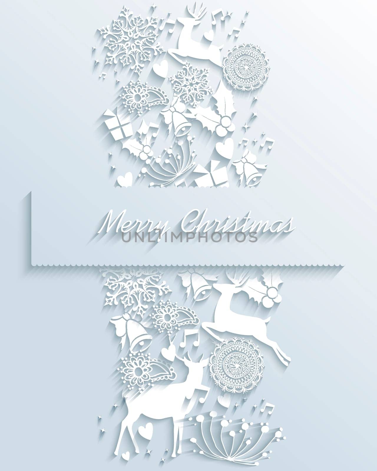 Merry Christmas contemporary white 3d decorative elements greeting postcard design. EPS10 vector illustration with transparency layers.