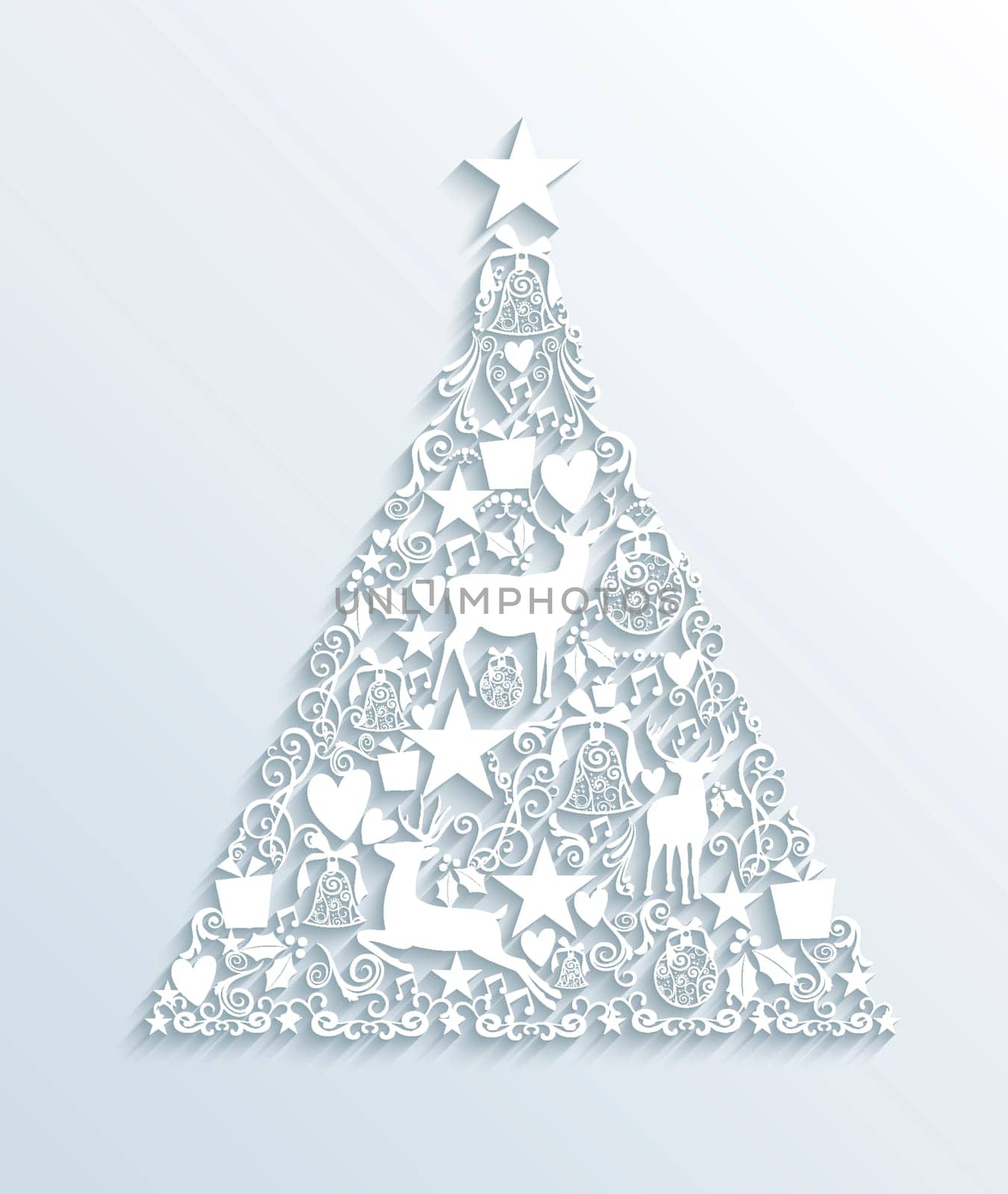 Merry Christmas contemporary pine tree made with 3d white elements greeting card. EPS10 vector illustration with transparency layers.