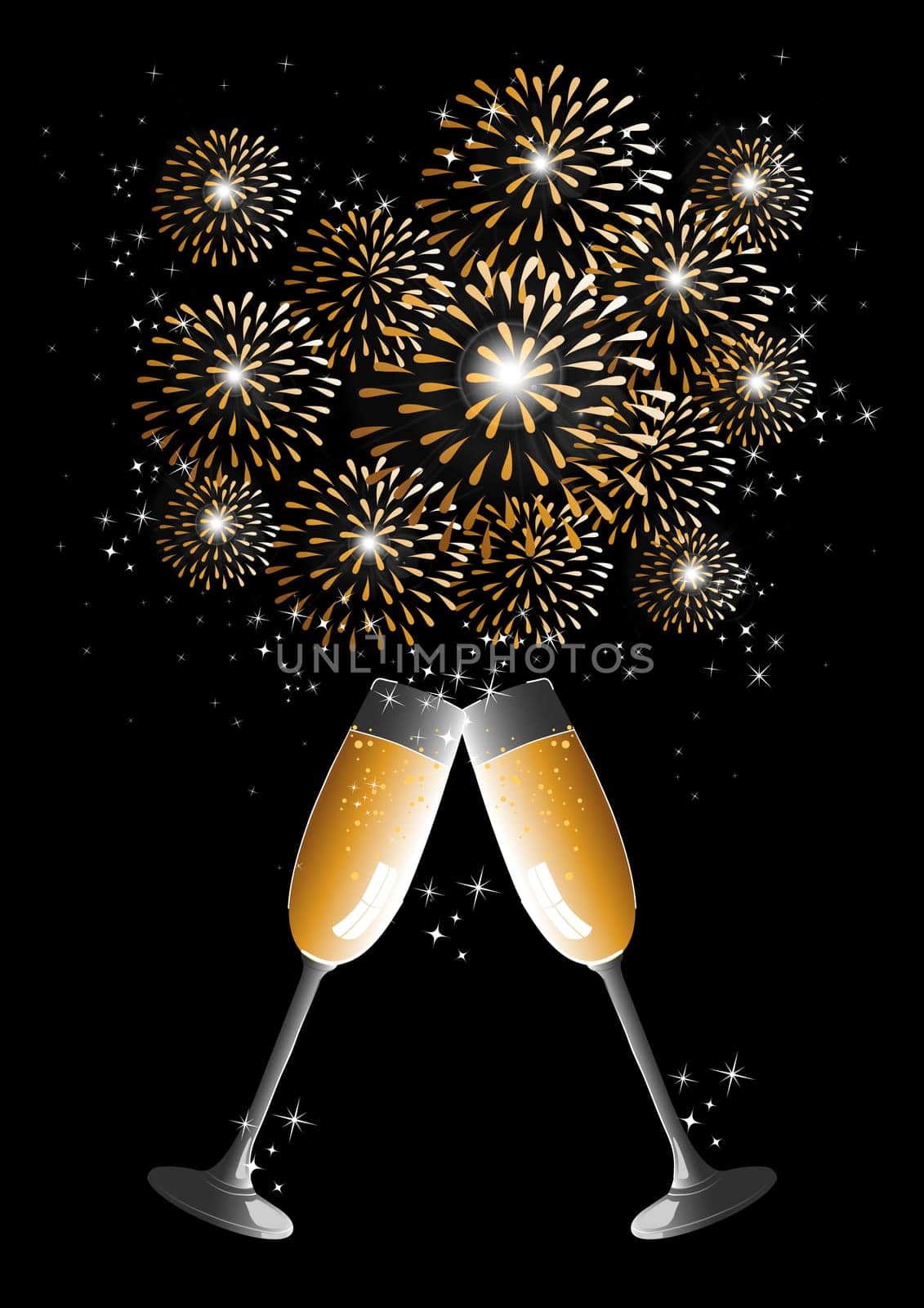 Happy new year 2014 holidays fireworks and flute glass greeting card background. EPS10 illustration organized in layers for easy editing.