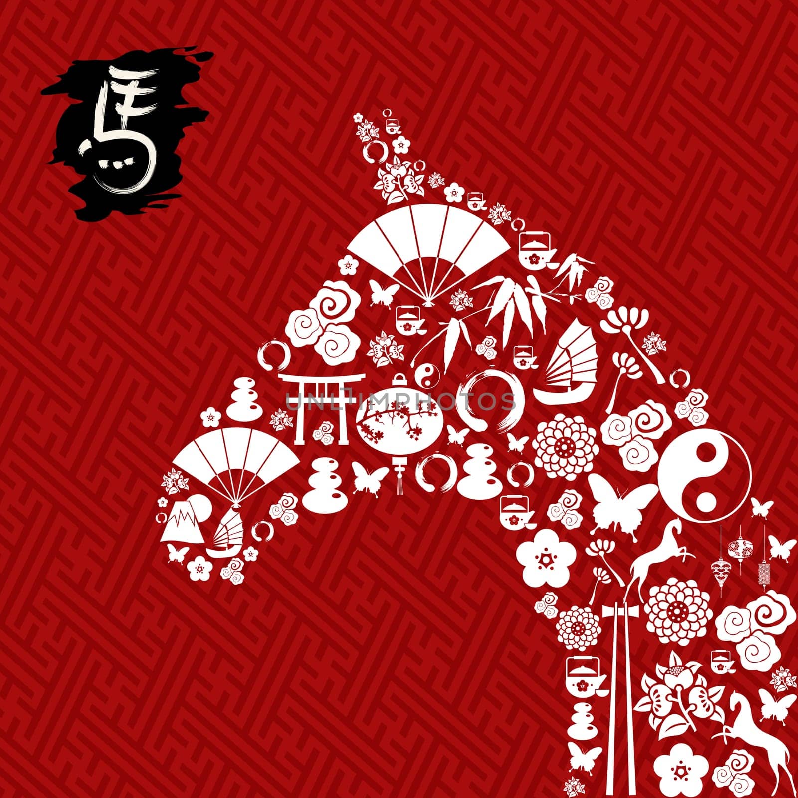 Zodiac 2014 Chinese New Year of the Horse eastern elements composition. Vector file organized in layers for easy editing.