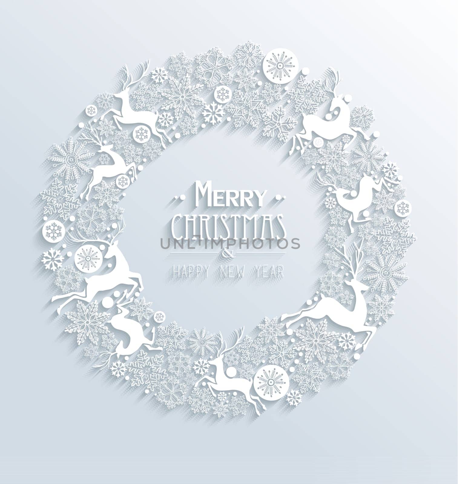 Merry Christmas and Happy new year contemporary 3d white elements wreath greeting card design. EPS10 vector illustration with transparency layers.