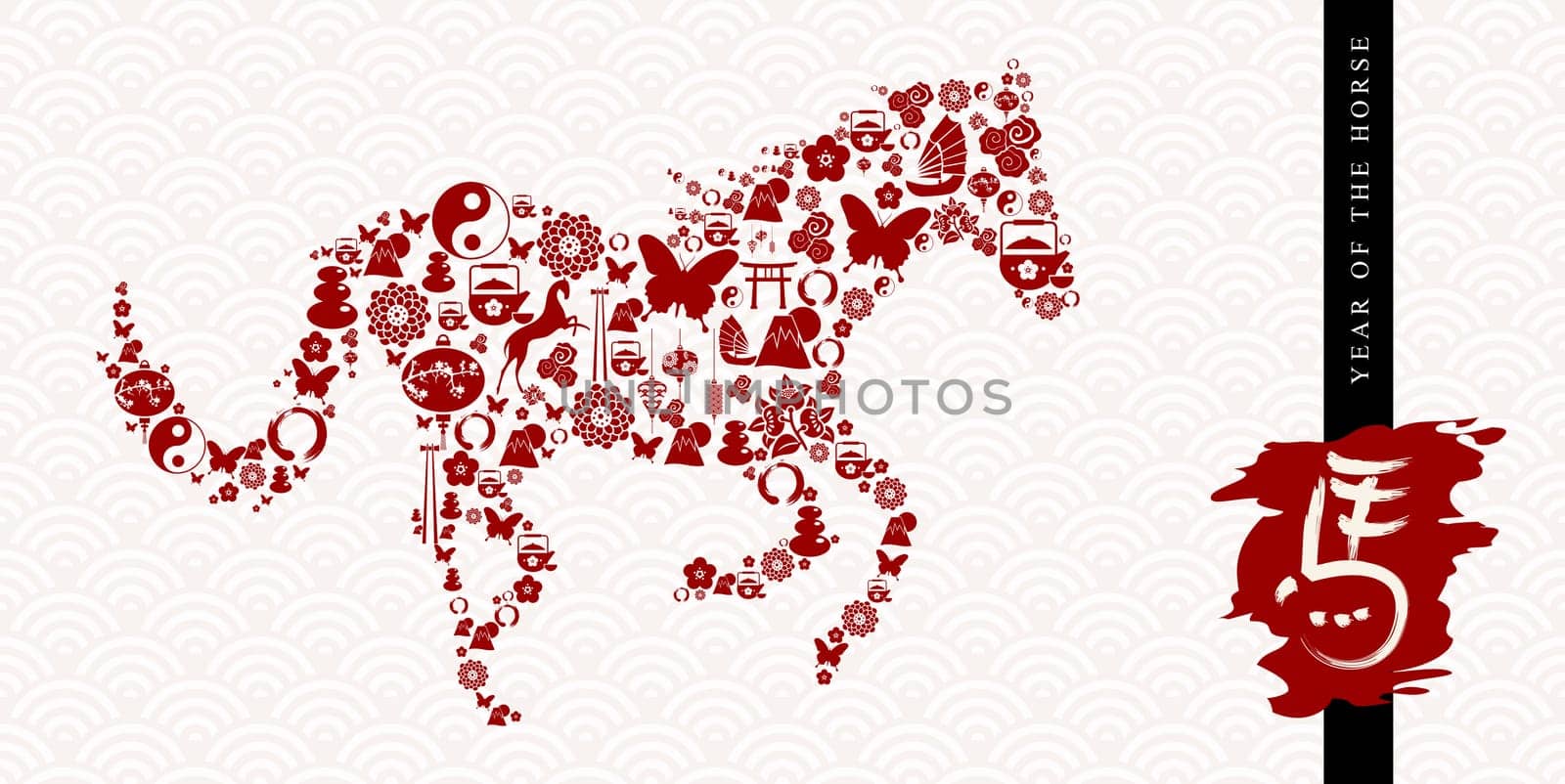 2014 Chinese New Year of the Horse eastern elements banner composition. Vector file organized in layers for easy editing.