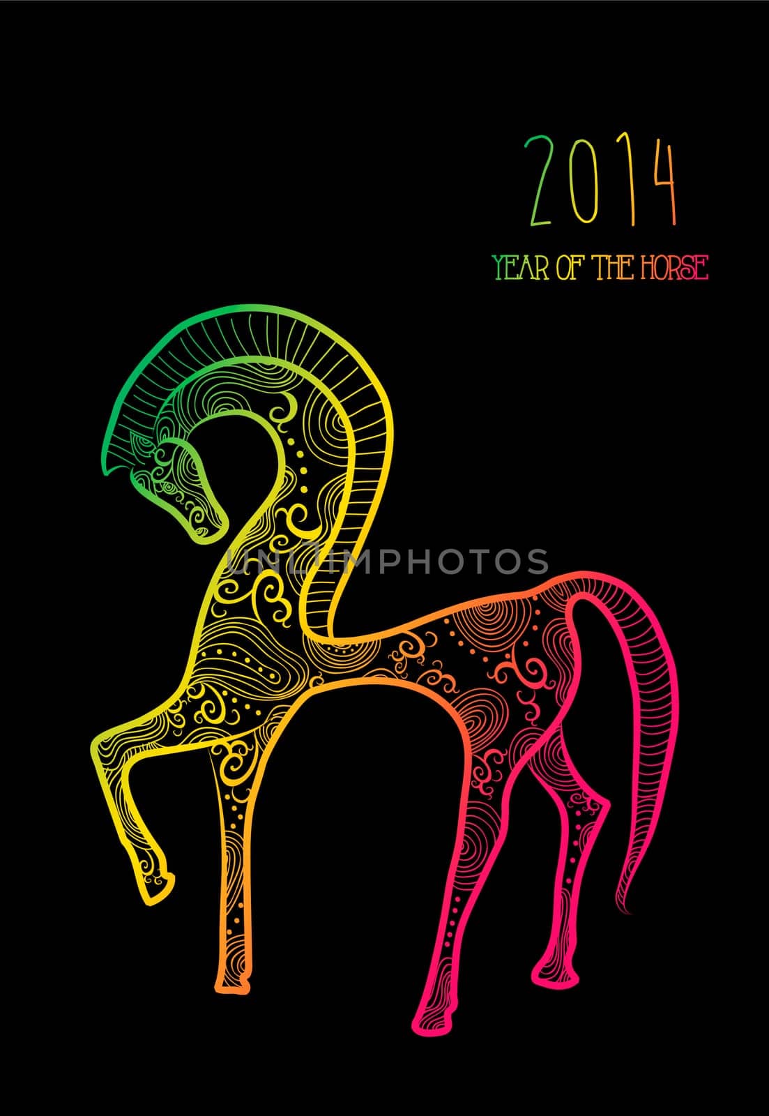Chinese New Year 2014. Multicolor horse over black background. EPS10 vector file with transparency layers.