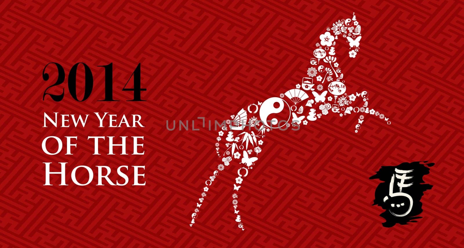 Zodiac 2014 Chinese New Year of the Horse eastern elements banner composition. Vector file organized in layers for easy editing.