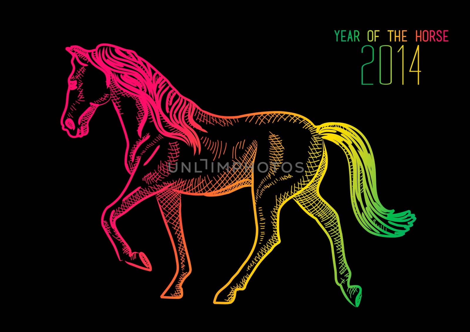 2014 Chinese New Year of the Horse illustration with colorful lines over black background. EPS10 vector file with transparency layers.