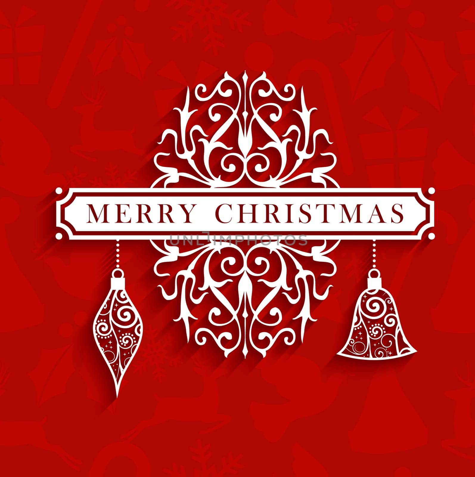 Merry Christmas retro label hanging baubles with seamless pattern background. EPS10 vector file organized in layers for easy editing.