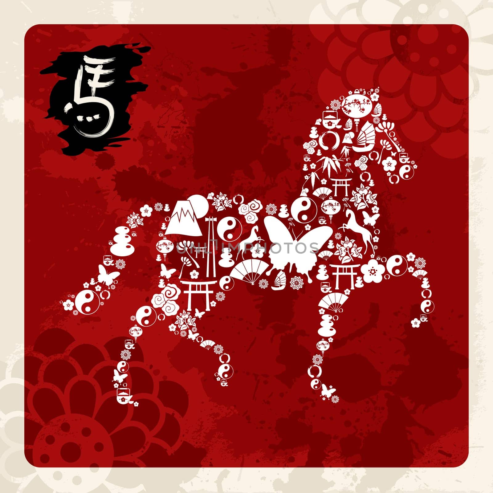Zodiac 2014 Chinese New Year of the Horse eastern elements composition in red background. Vector file organized in layers for easy editing.