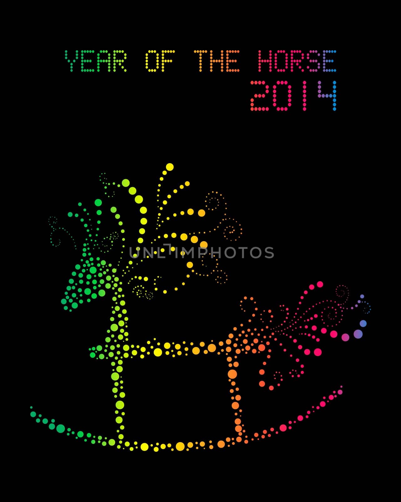 Chinese New Year 2014. Rainbow glowing rocking horse over black background. EPS10 vector file with transparency layers.