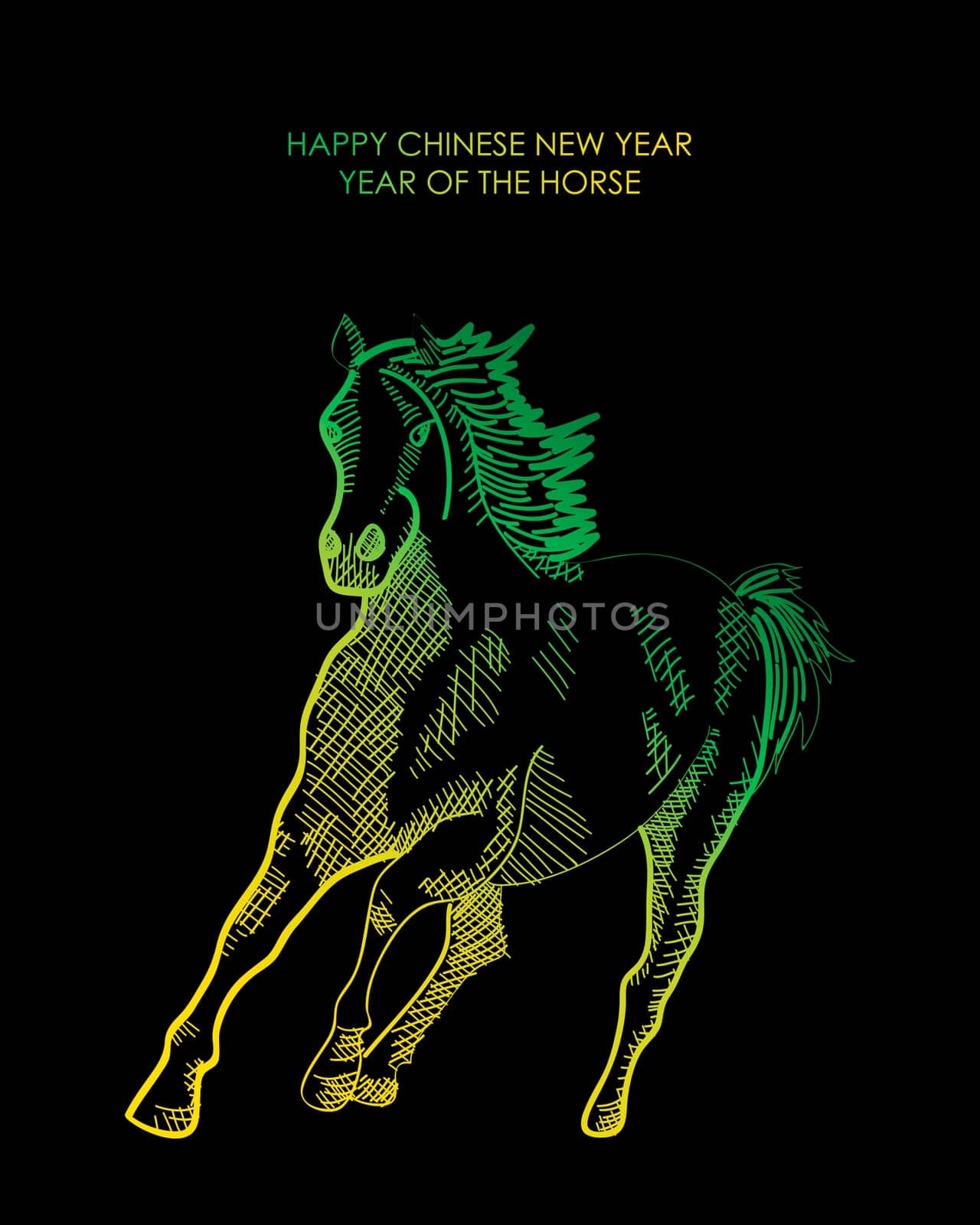 Chinese New Year 2014. Abstract Rainbow color running horse over black background. EPS10 vector file with transparency layers.