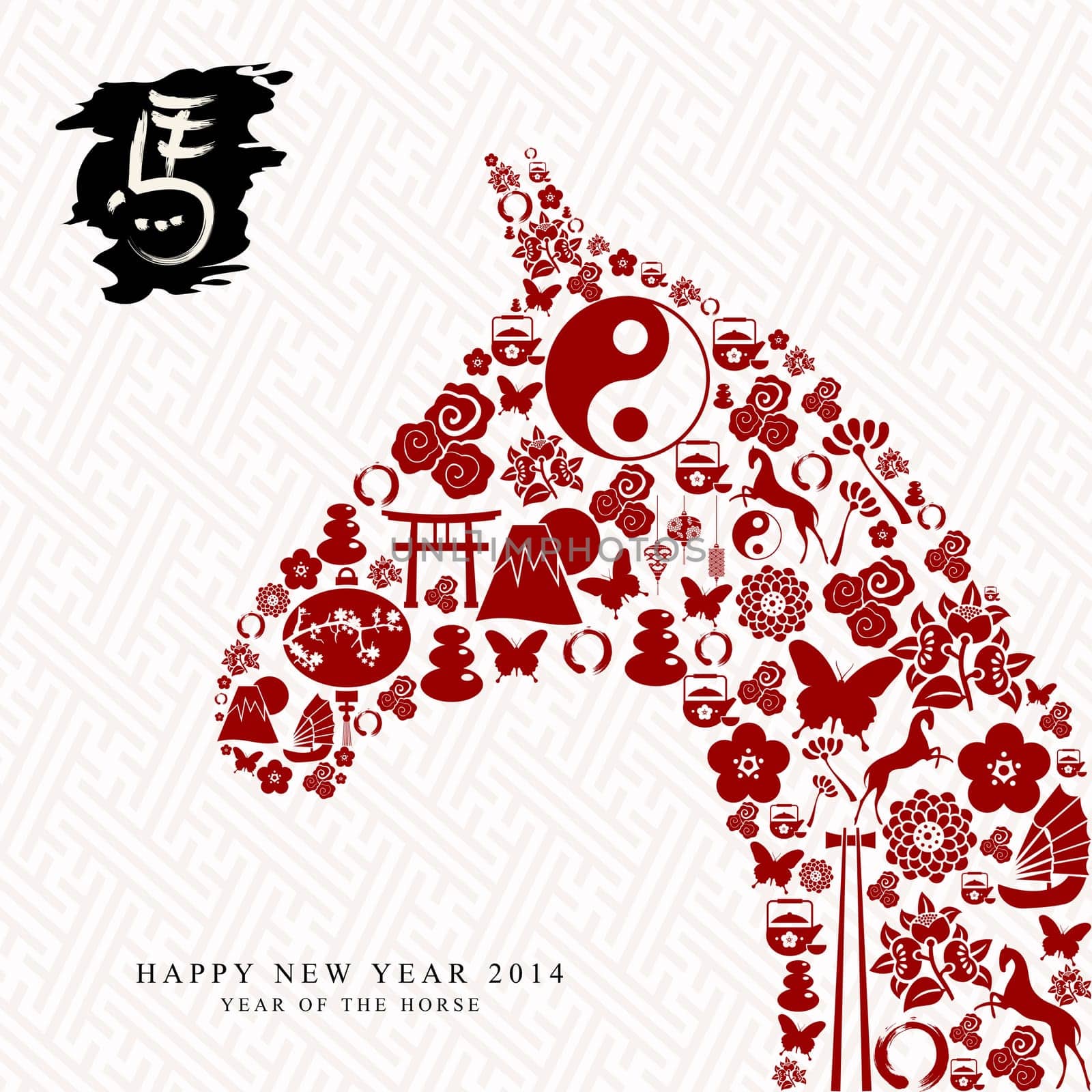 2014 Chinese New Year of the Horse eastern elements composition and calligraphic symbol of zodiac. Vector file organized in layers for easy editing.