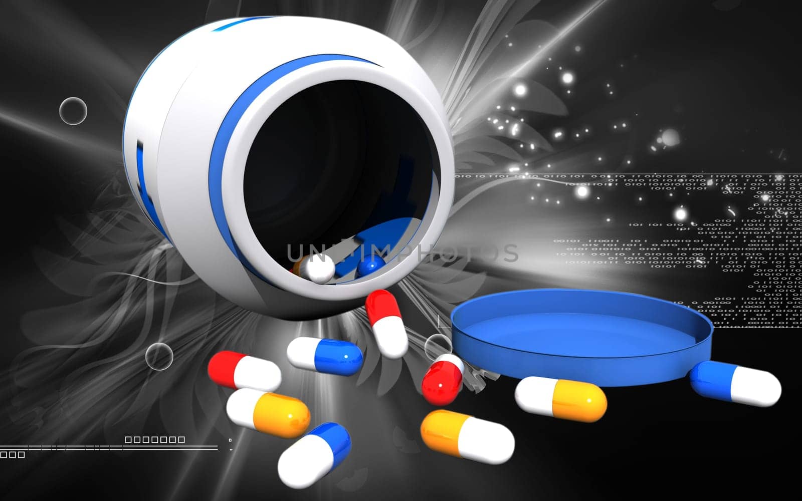 Digital illustration of capsule bottle in colour background