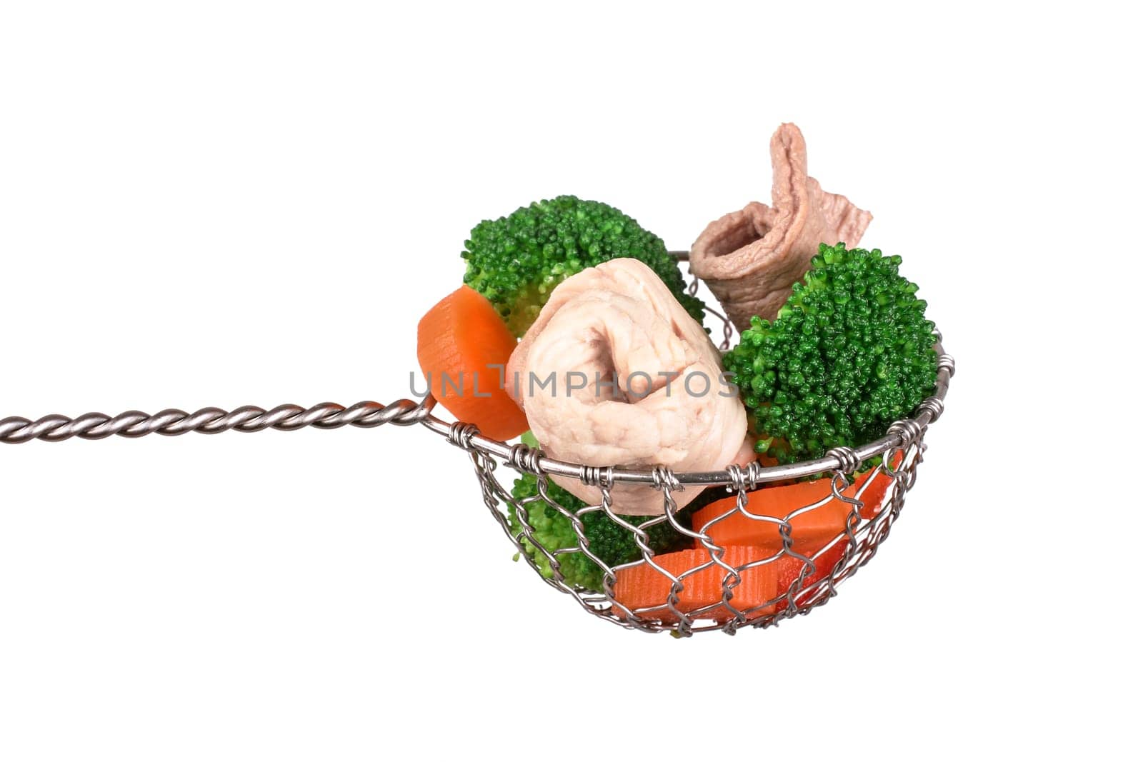 Fondue sieve with vegetables and meat