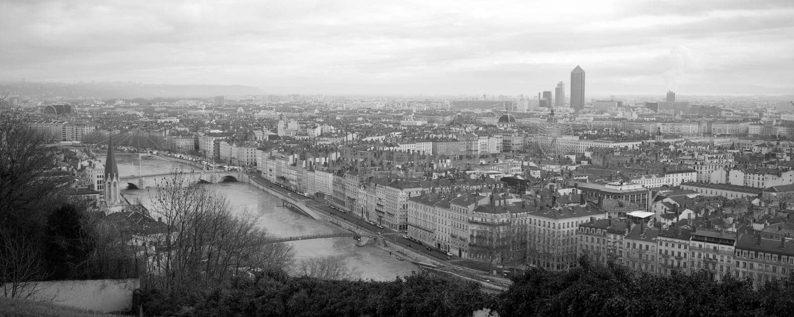 Details of a panoramic view of Lyon in black and white.