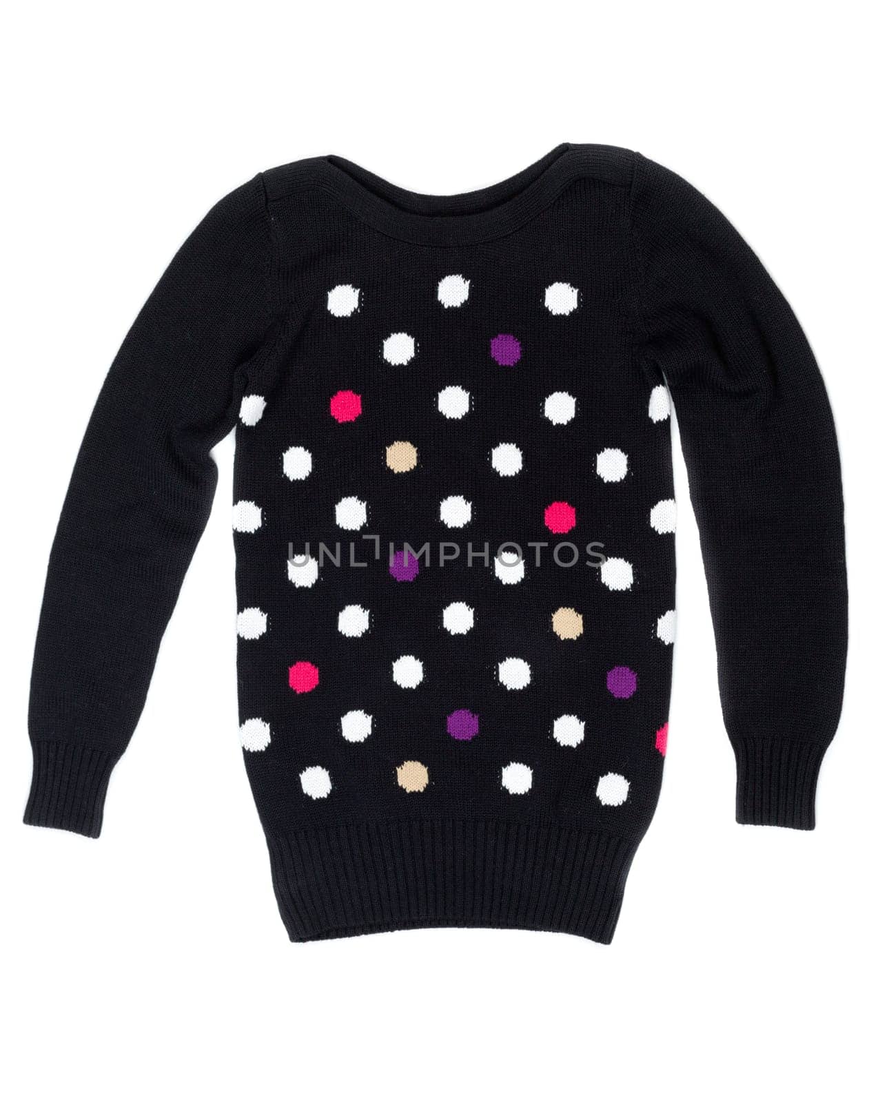 Black sweater with a pattern of polka dots. Isolated on white