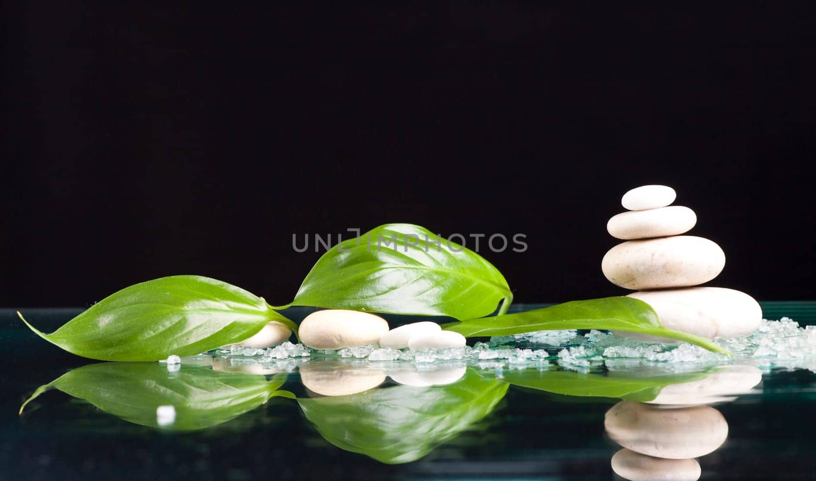 Spa stones sea salt and green leaves