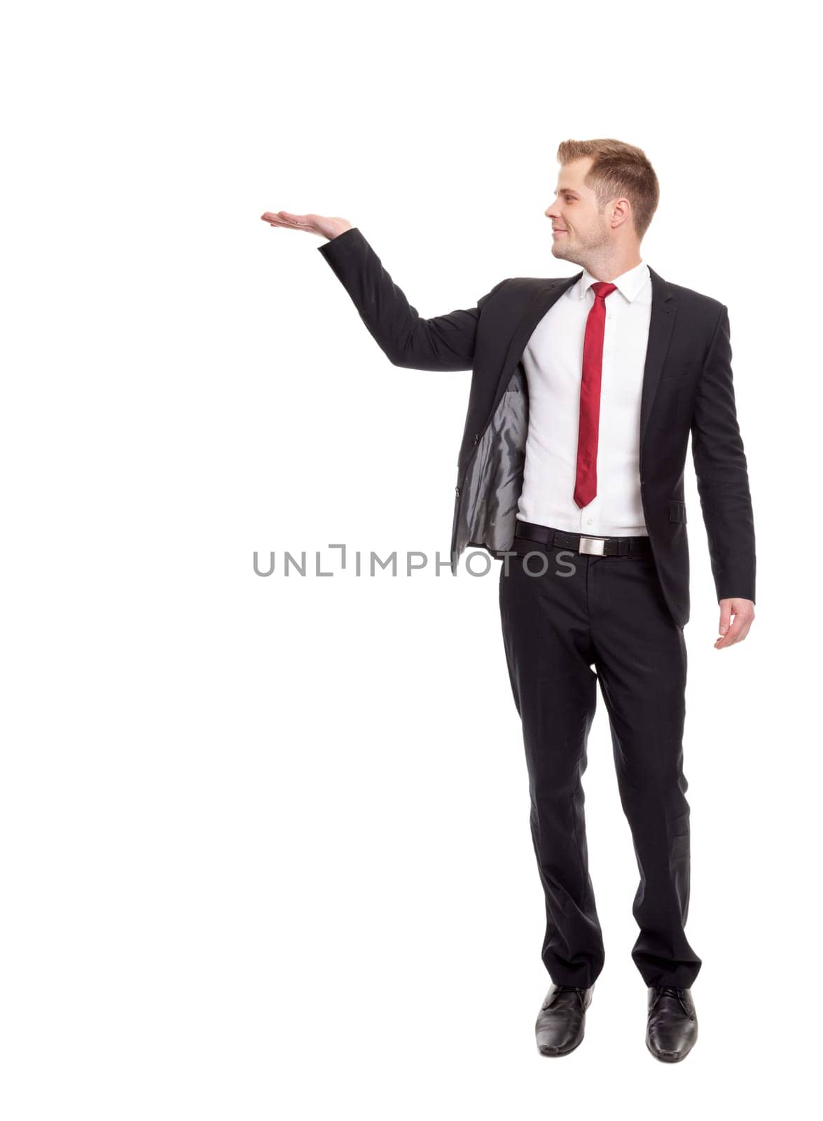 Businessman presenting your ad, isolated on white