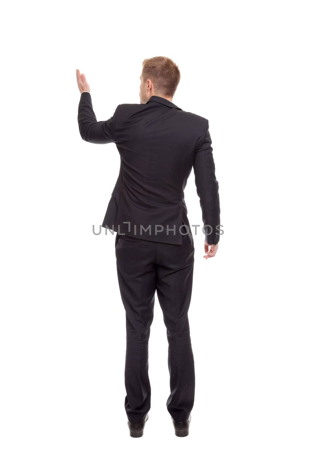 Back view of a business man pointing hand