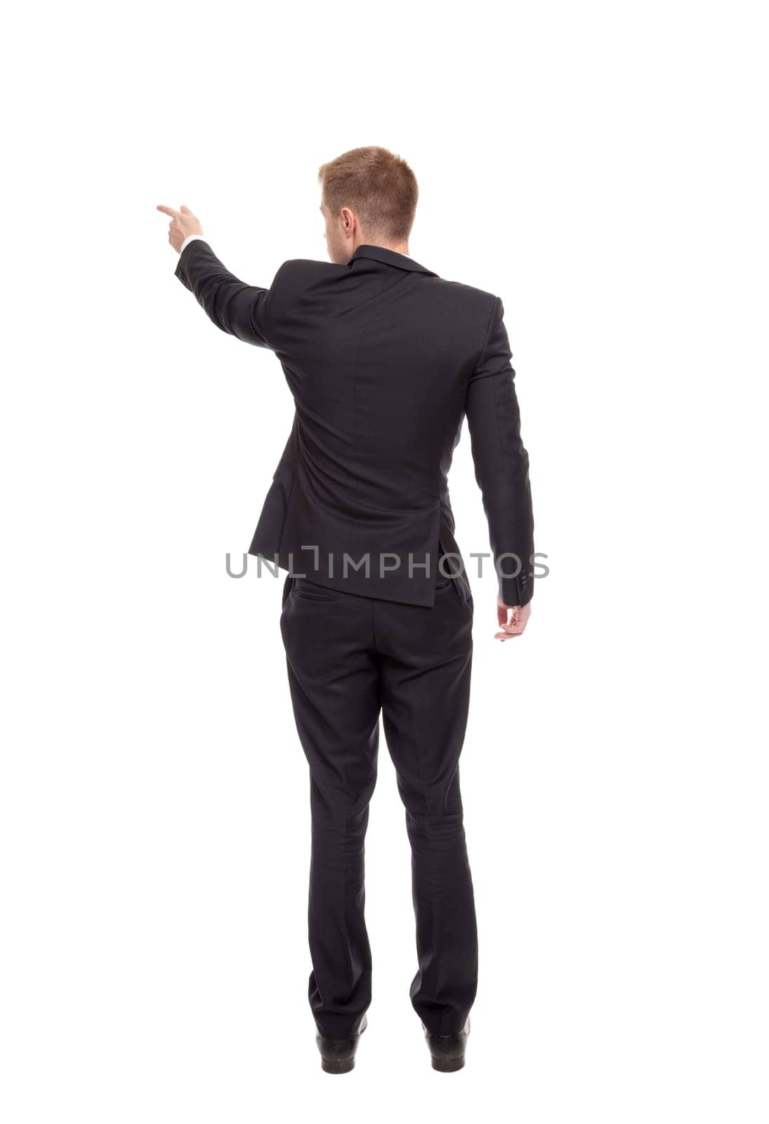 Back view of a business man pointing finger