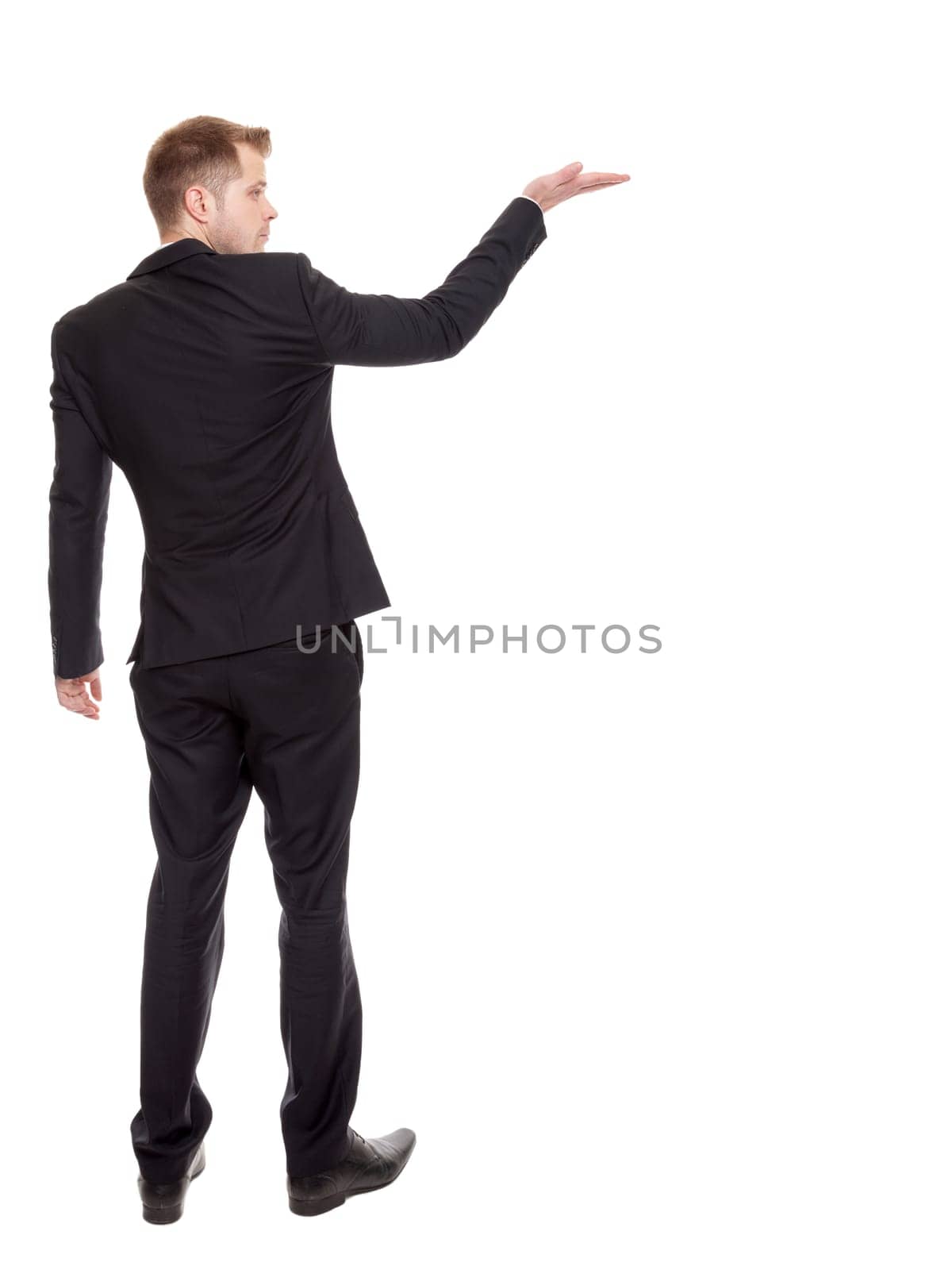 Businessman presenting your ad, isolated on white