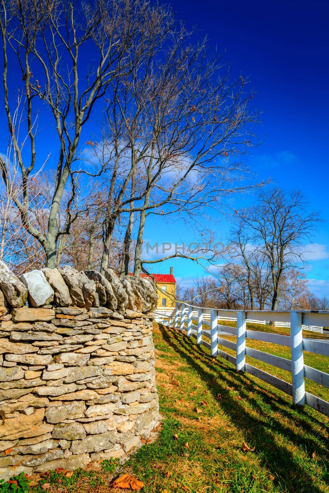 Traditional stone and wooden fences in Shaker Village of Pleasant Hill, Kentucky