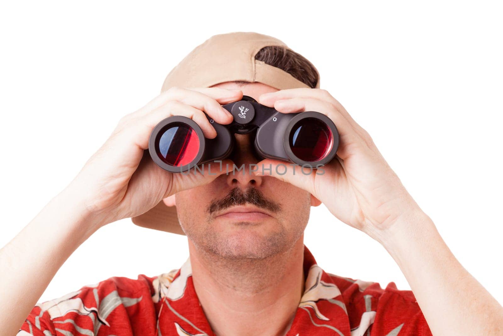Man in Hawaiian shirt is looking through binoculars. Isolated on white