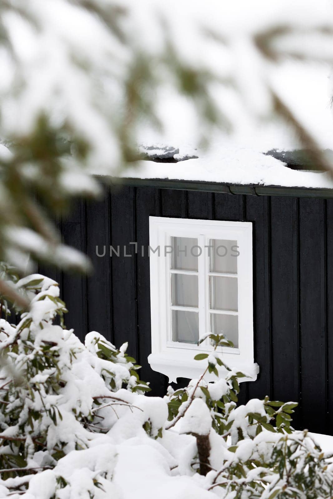 Detail Of A Black Wooden Cottage In Winter Time With One White Window