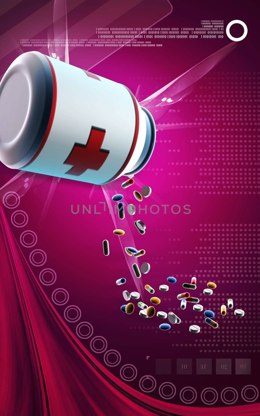 Digital illustration of capsule bottle in colour background