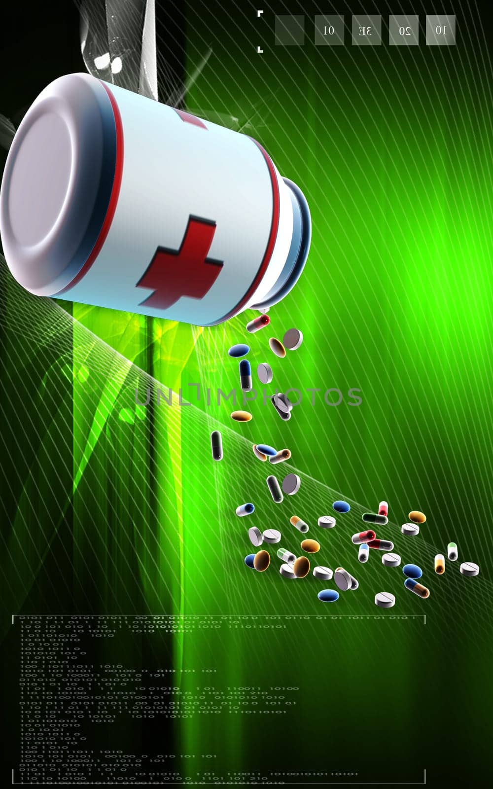Digital illustration of capsule bottle in colour background