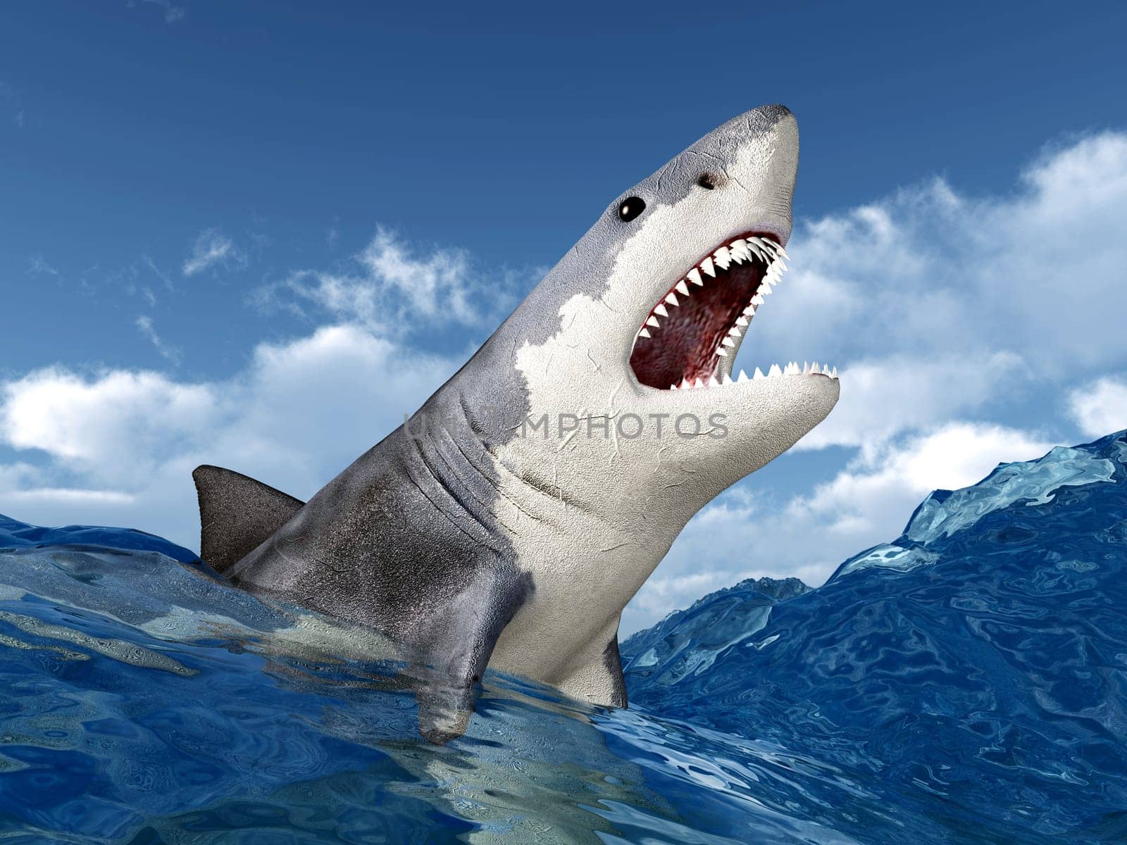 Computer-generated 3D illustration with a great white shark in stormy sea